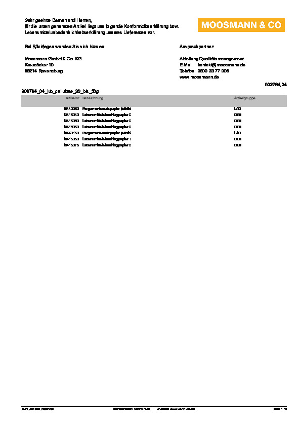 Download Lebensmittelunbedenklichkeitsbescheinigung