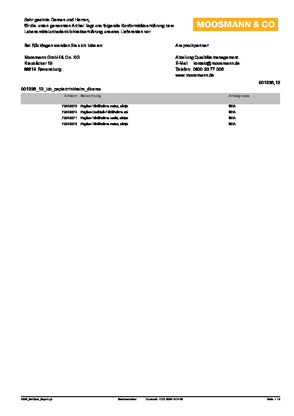 Download Lebensmittelunbedenklichkeitsbescheinigung