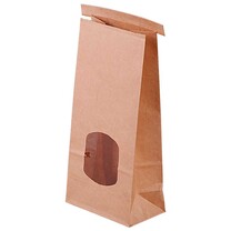 Blockbodenbeutel braun PP beschichtet mit Fenster und Clipband L