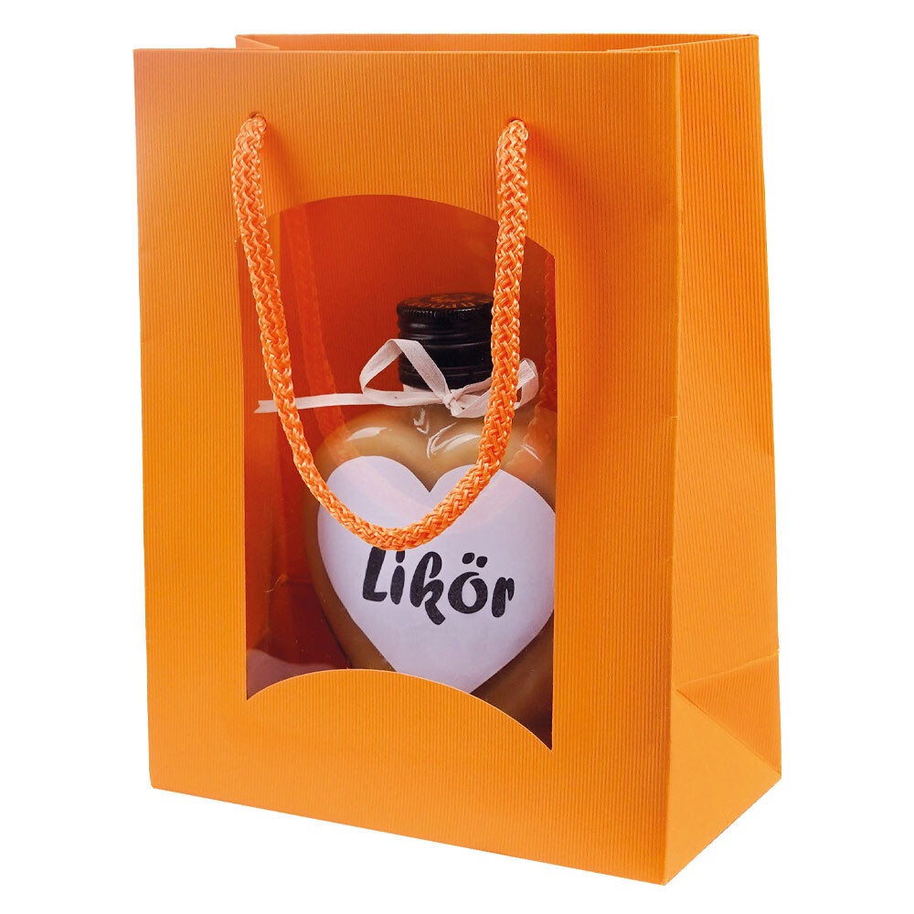 Flaschen - Tragetaschen orange mit Linienprägung Sichtfenster Klein