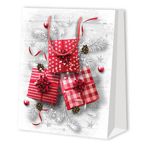 Geschenk-Tragetasche Weihnachtspräsente/Zweige groß weiß/rot