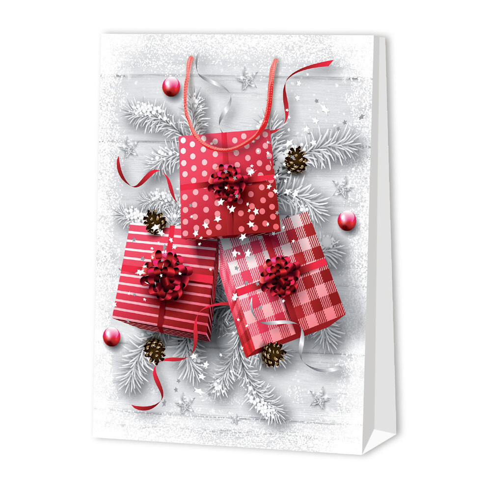 Geschenk-Tragetasche Weihnachtspräsente/Zweige mittel weiß/rot Geschenk-Tragetasche Weihnachtspräsente/Zweige mittel weiß/rot
