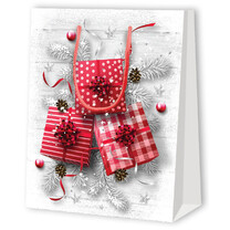 Geschenk-Tragetasche Weihnachtspräsente/Zweige XL weiß/rot