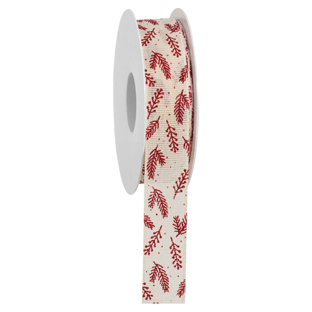 Geschenkband Nadelzweig creme/rot 25 mm