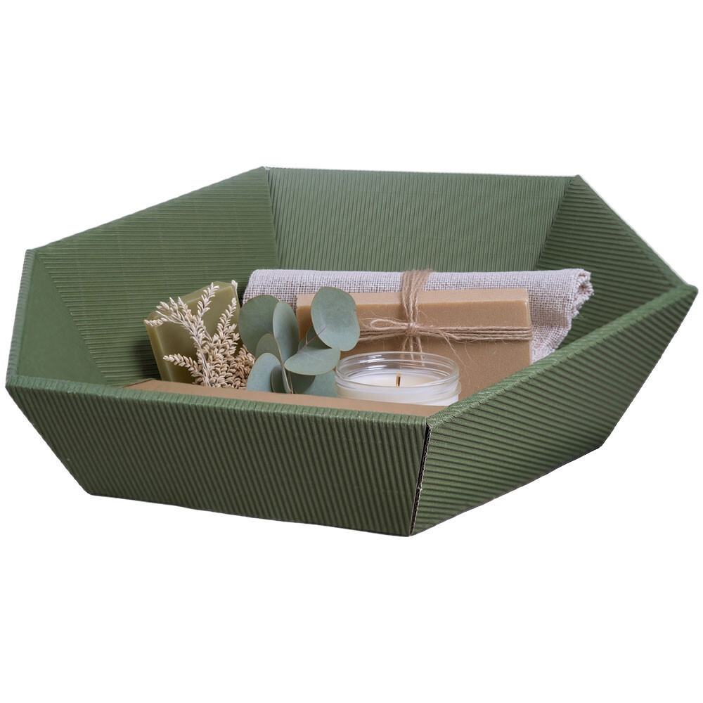 Geschenkkorb 6-eckig offene Welle olive groß Geschenkkorb 6-eckig offene Welle olive groß