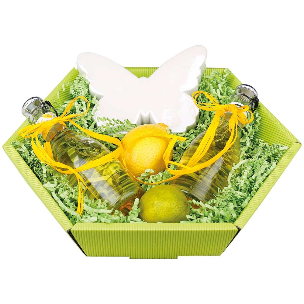 Geschenkkorb Präsentkorb Wellpappkorb 6-eckig klein hellgrün Geschenkkorb Präsentkorb Wellpappkorb 6-eckig klein hellgrün