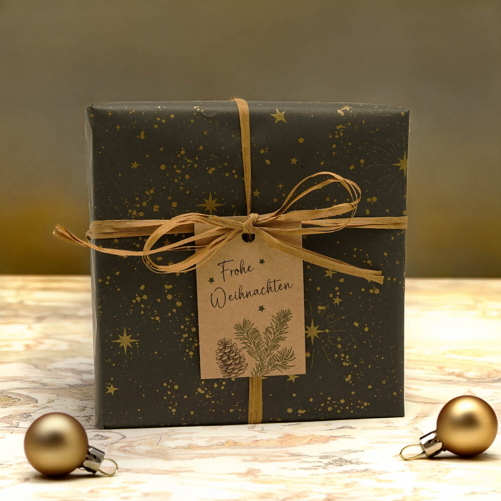 Geschenkpapiere Weihnachten Shop Rollen durchgefärbt schwarz - Sterne gold 70 cm