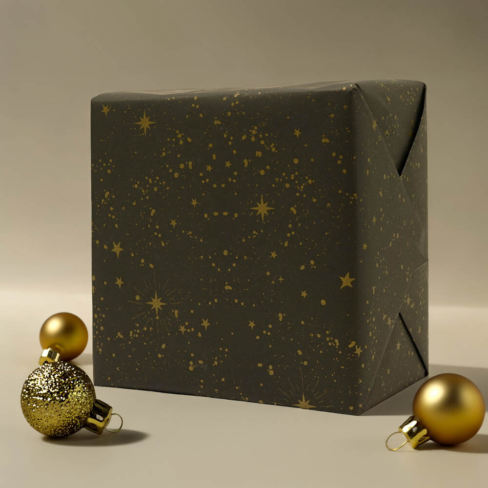 Geschenkpapiere Weihnachten Shop Rollen durchgefärbt schwarz - Sterne gold 70 cm Geschenkpapiere Weihnachten Shop Rollen durchgefärbt schwarz - Sterne gold 70 cm
