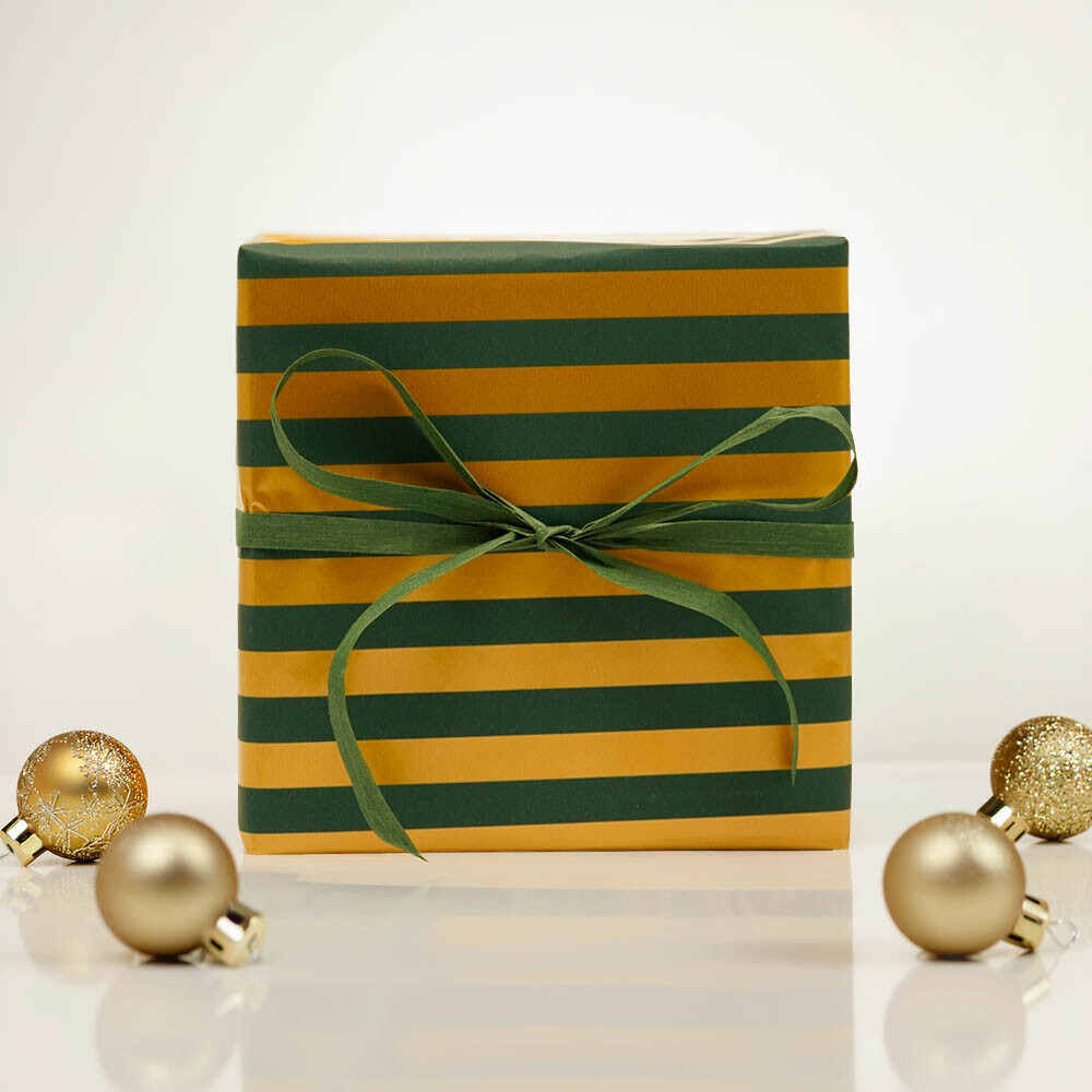 Geschenkpapier Kraft weiss Streifen grüngold 70 cm x 50 m