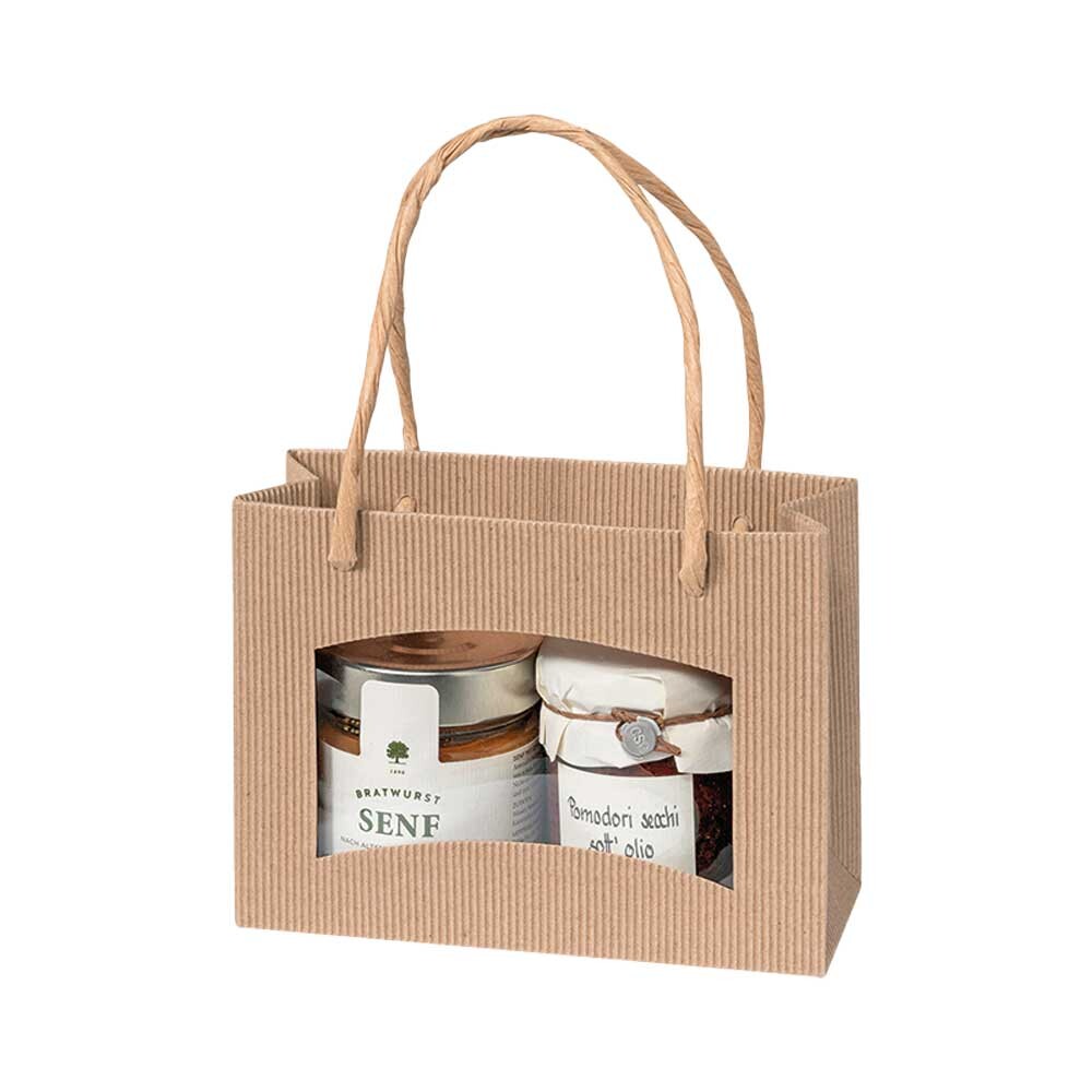 Geschenk-Tragetaschen offene Welle natur quer klein mit Fenster Geschenk-Tragetaschen offene Welle natur quer klein mit Fenster