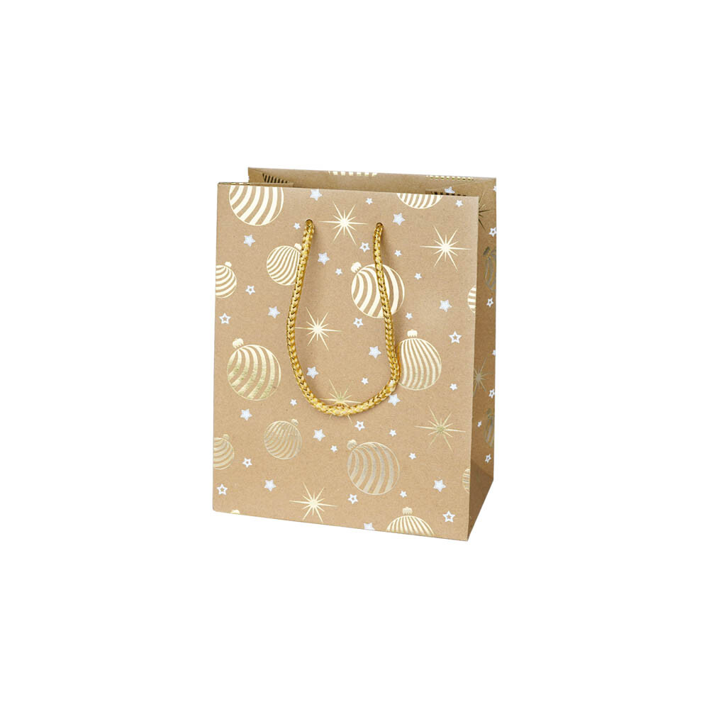 Geschenktragetasche Wood mittel Kugeln/Sterne gold