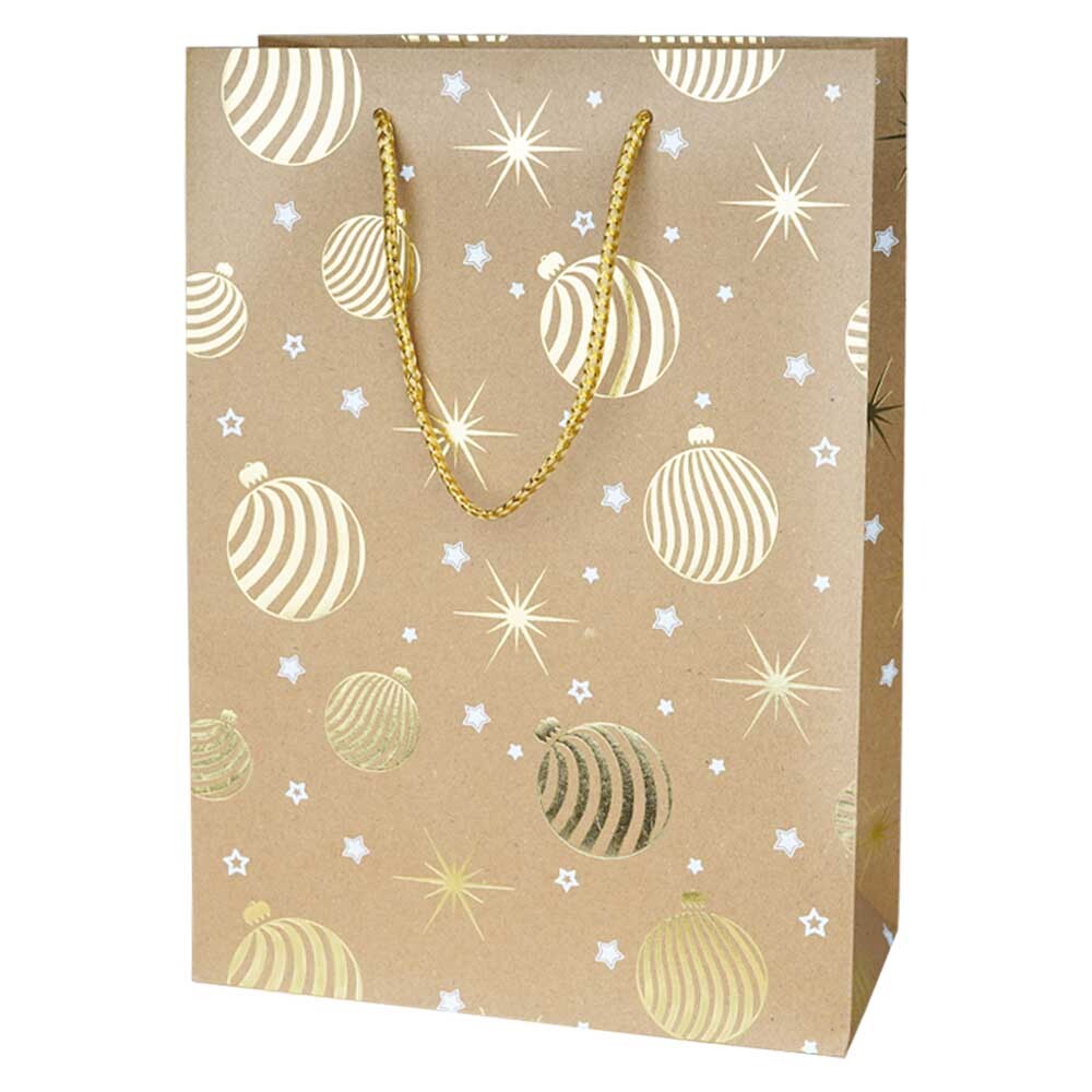 Geschenktragetasche Wood XL Kugeln/Sterne gold