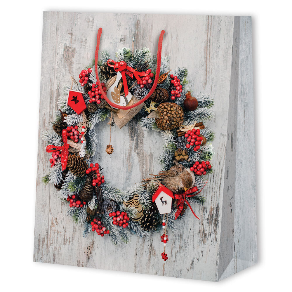 Geschenktragetaschen Holzoptik-Weihnachtskranz Präsente groß Geschenktragetaschen Holzoptik-Weihnachtskranz Präsente groß