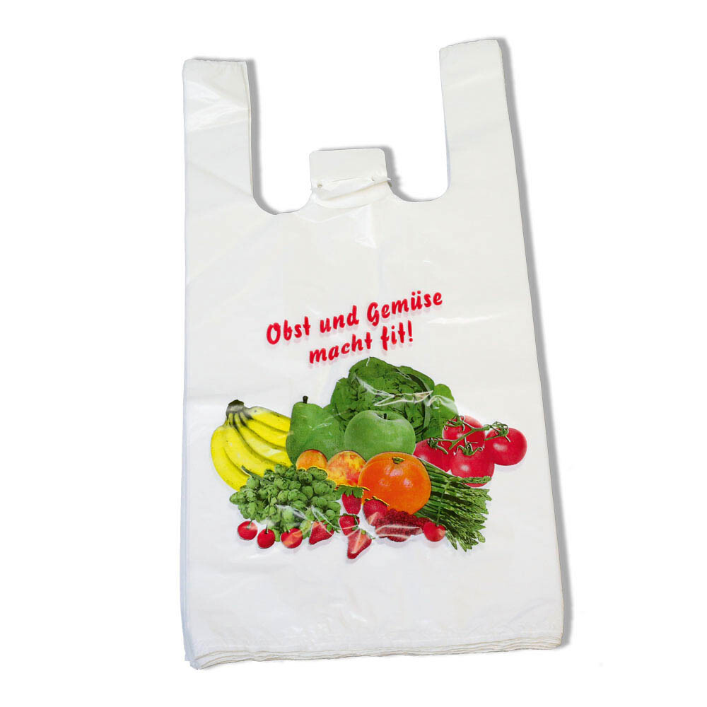 Hemdchen-Tragetaschen HDPE Weiß mit Obstmotiv Hemdchen-Tragetaschen HDPE Weiß mit Obstmotiv