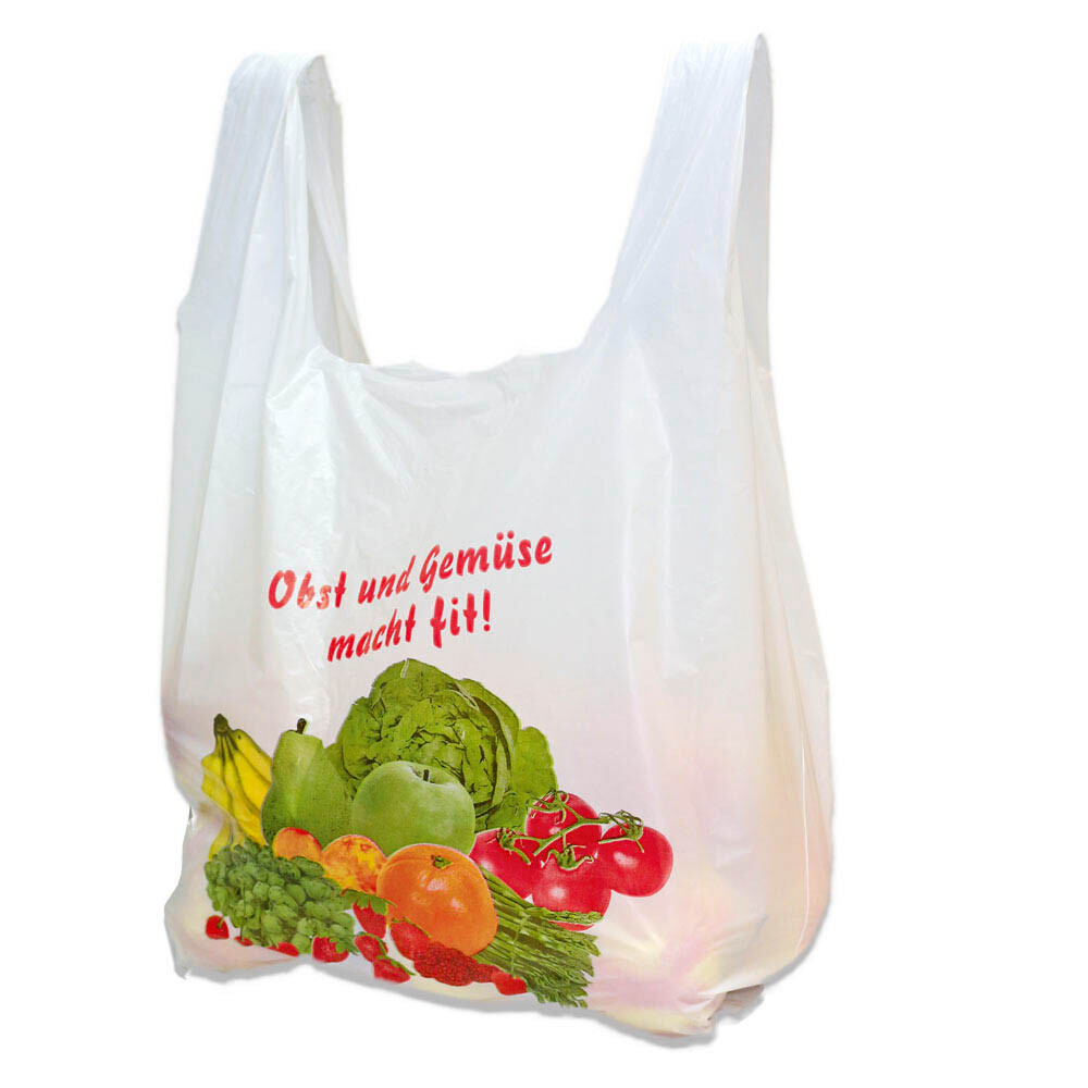 Hemdchen-Tragetaschen HDPE Weiß mit Obstmotiv Hemdchen-Tragetaschen HDPE Weiß mit Obstmotiv