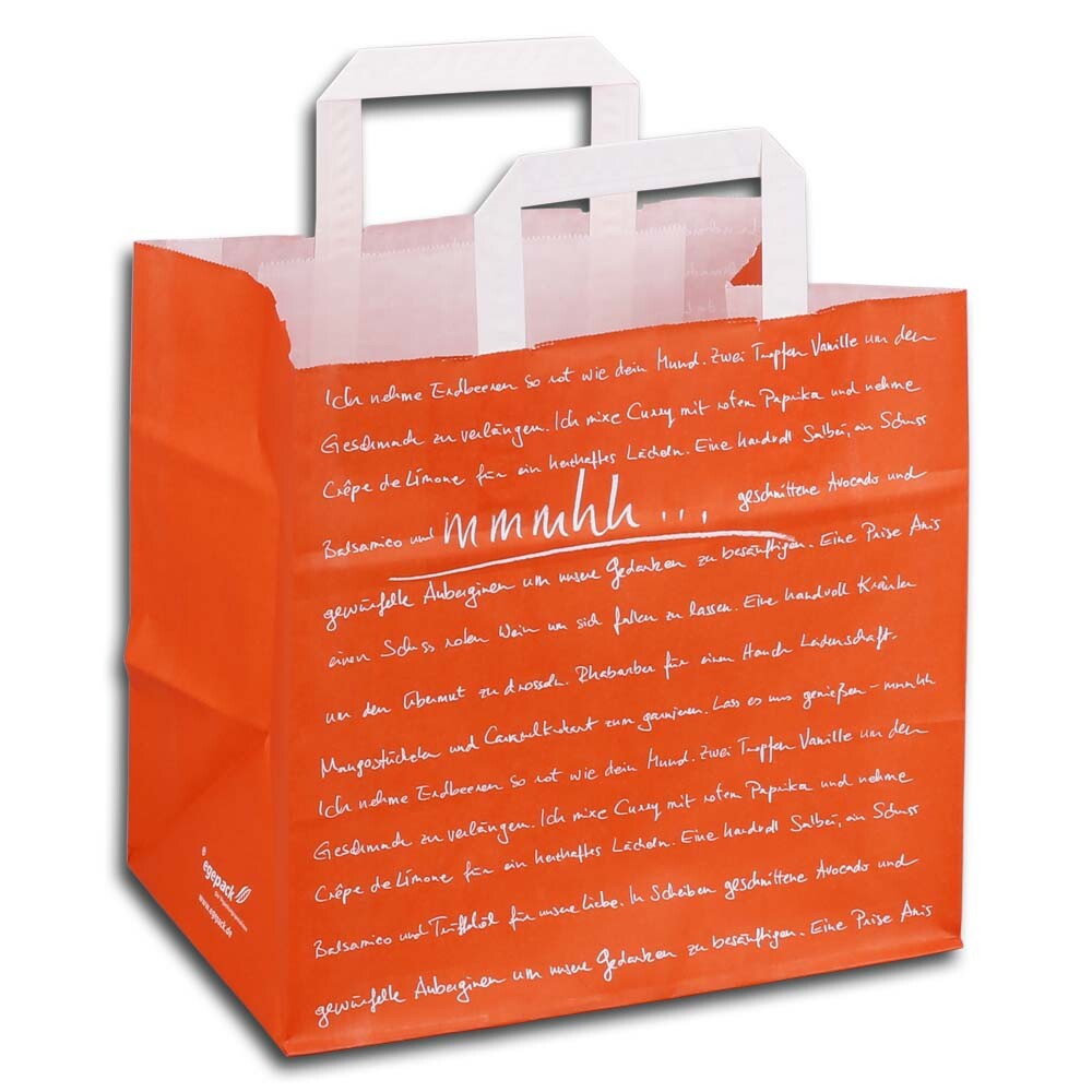 Papier-Tragetaschen für Bäcker und Konditor "mmmhh" Orange/Weiß Papier-Tragetaschen für Bäcker und Konditor "mmmhh" Orange/Weiß