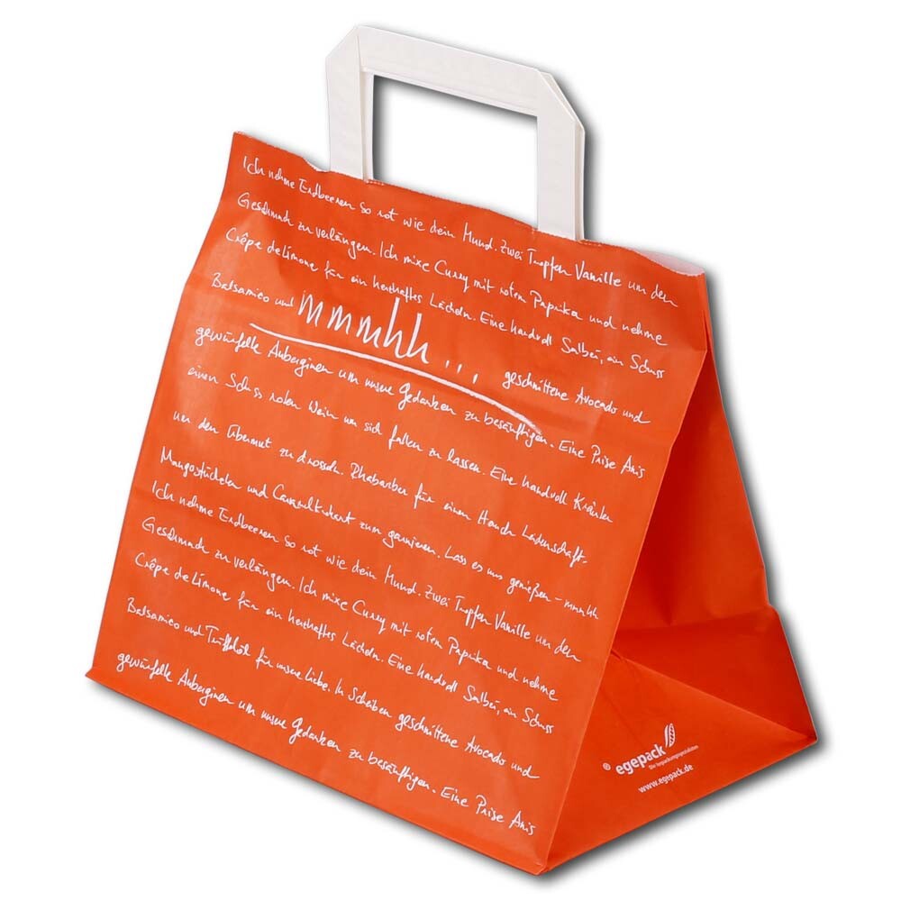 Papier-Tragetaschen für Bäcker und Konditor "mmmhh" Orange/Weiß Papier-Tragetaschen für Bäcker und Konditor "mmmhh" Orange/Weiß