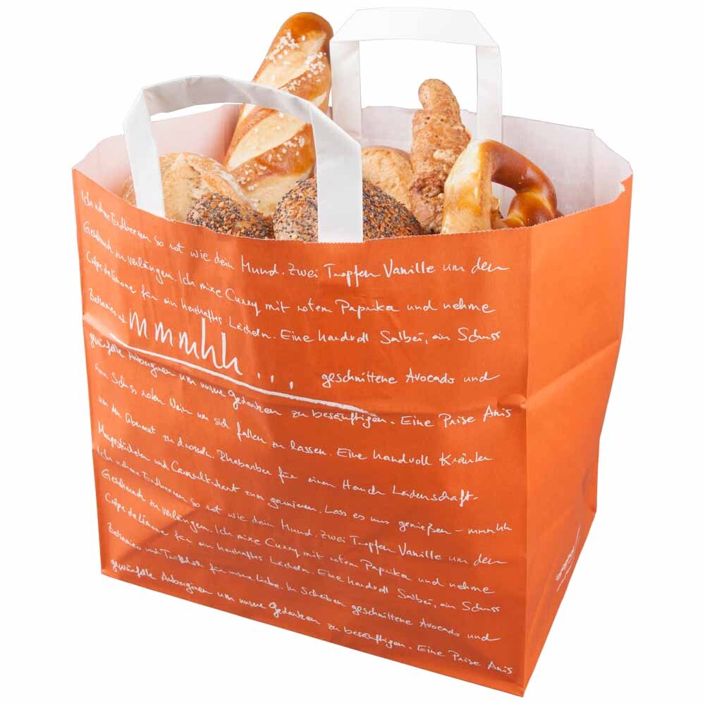 Papier-Tragetaschen für Bäcker und Konditor "mmmhh" OrangeWeiß Papier-Tragetaschen für Bäcker und Konditor "mmmhh" OrangeWeiß