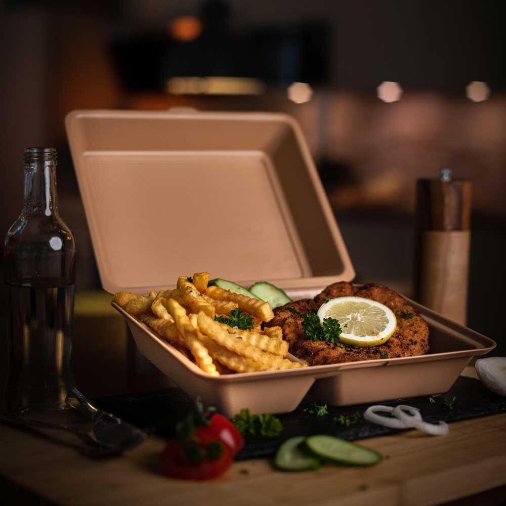 Mehrweg Menüboxen braun mit Klappdeckel 1200 ml Mehrweg Menüboxen braun mit Klappdeckel 1200 ml