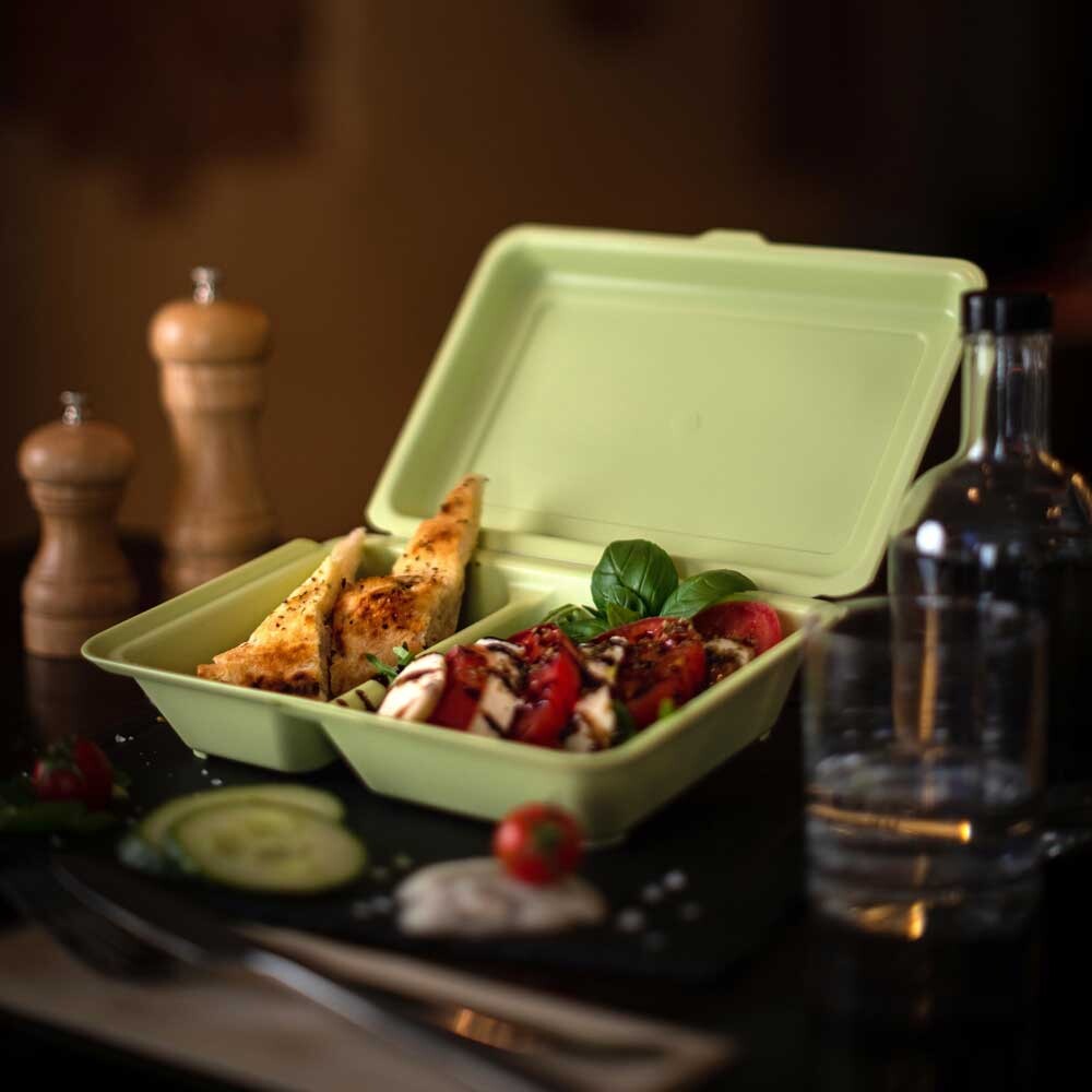 Mehrweg Menüboxen grün mit Klappdeckel 1200 ml