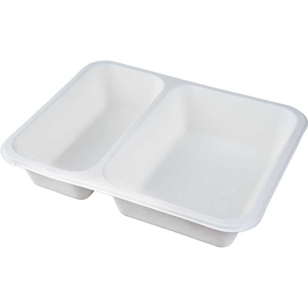 Menüschalen 2-geteilt rechteckig aus Bagasse Menüschalen 2-geteilt rechteckig aus Bagasse