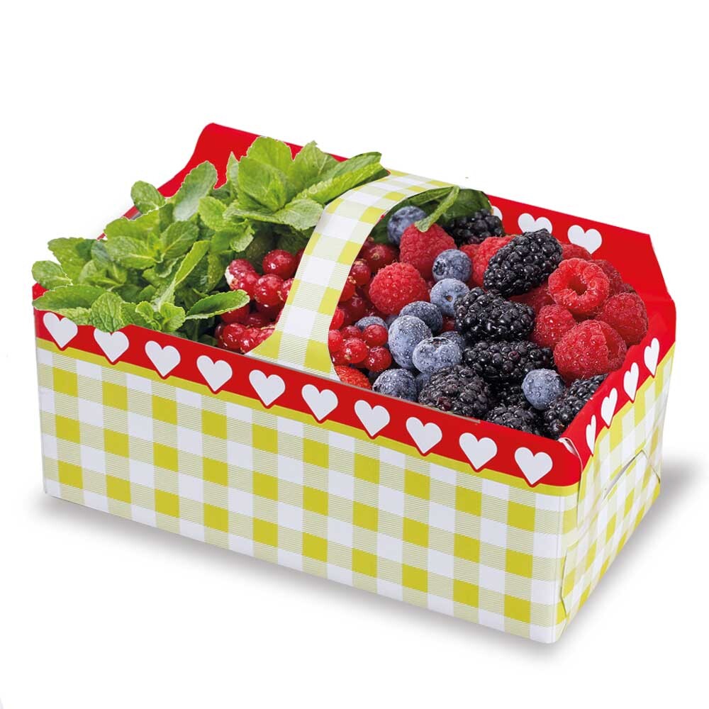 Obstkörbchen aus Wellpappe Herzen-Karo Motiv 500 g Obstkörbchen aus Wellpappe Herzen-Karo Motiv 500 g