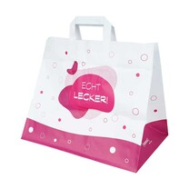 Papier-Tragetaschen für Bäcker und Konditor echt lecker bordeaux/weiß Papier-Tragetaschen für Bäcker und Konditor echt lecker bordeaux/weiß