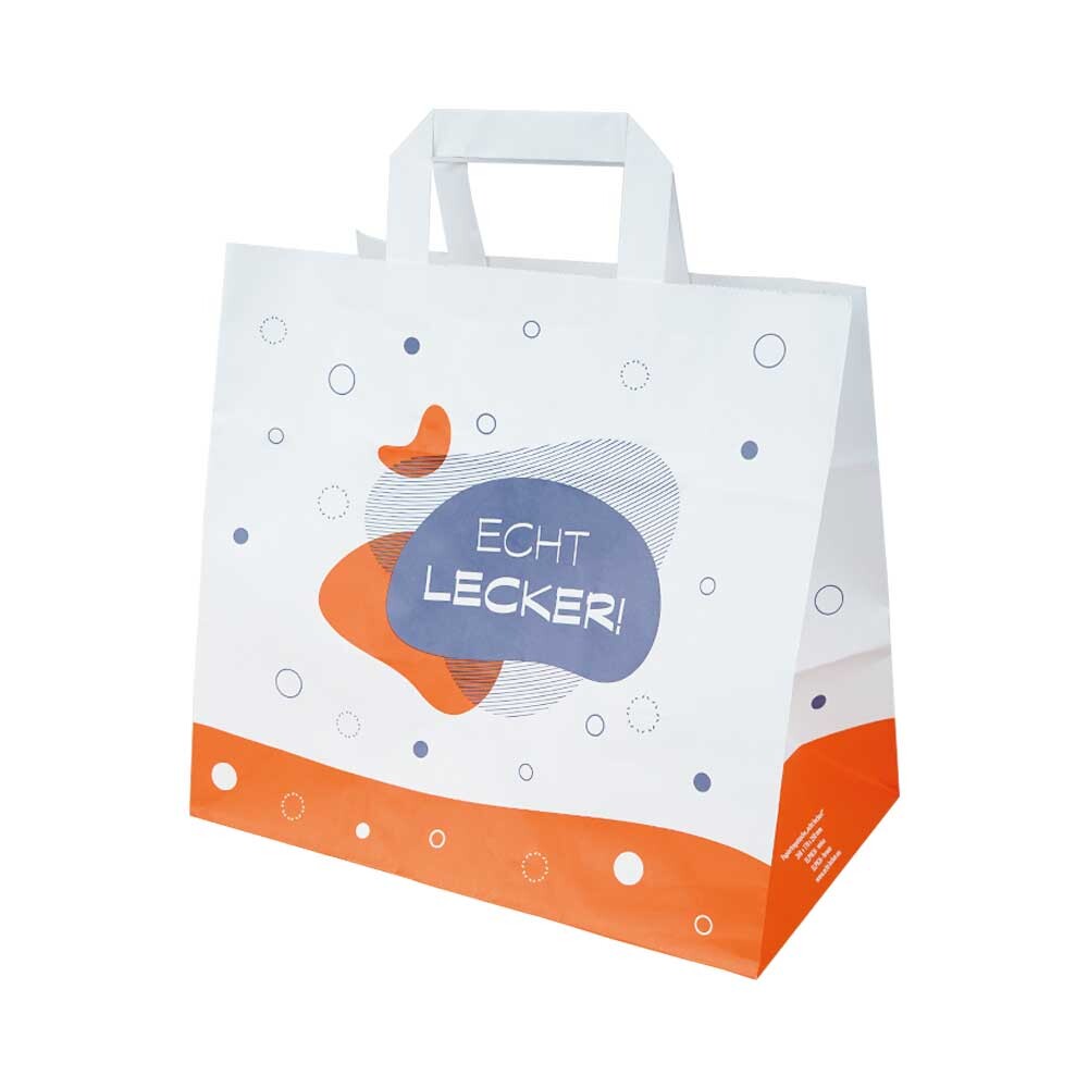 Papier-Tragetaschen für Bäcker und Konditor echt lecker orange/blau Papier-Tragetaschen für Bäcker und Konditor echt lecker orange/blau