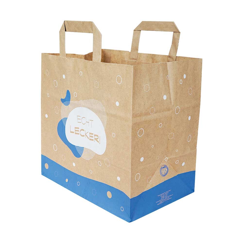 Papier-Tragetaschen für Bäcker und Konditor echt lecker weiß blau Papier-Tragetaschen für Bäcker und Konditor echt lecker weiß blau