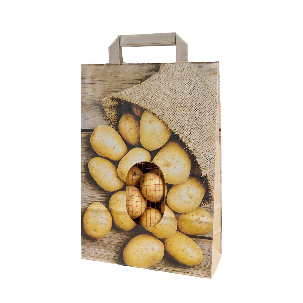 Papier-Tragetaschen Kartoffelmotiv mit Sichtfenster aus Naturfasernetz Papier-Tragetaschen Kartoffelmotiv mit Sichtfenster aus Naturfasernetz