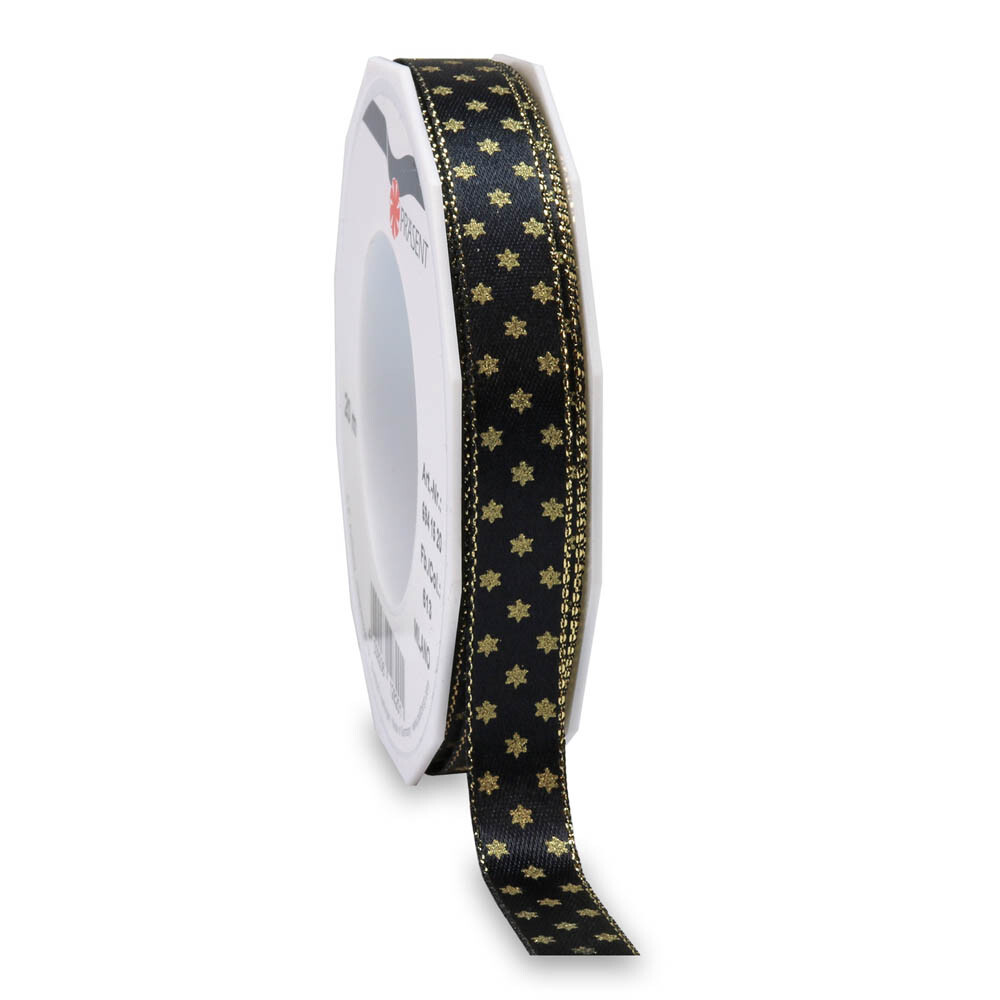 Satinband schwarz mit Webkante und Sterne gold Satinband schwarz mit Webkante und Sterne gold