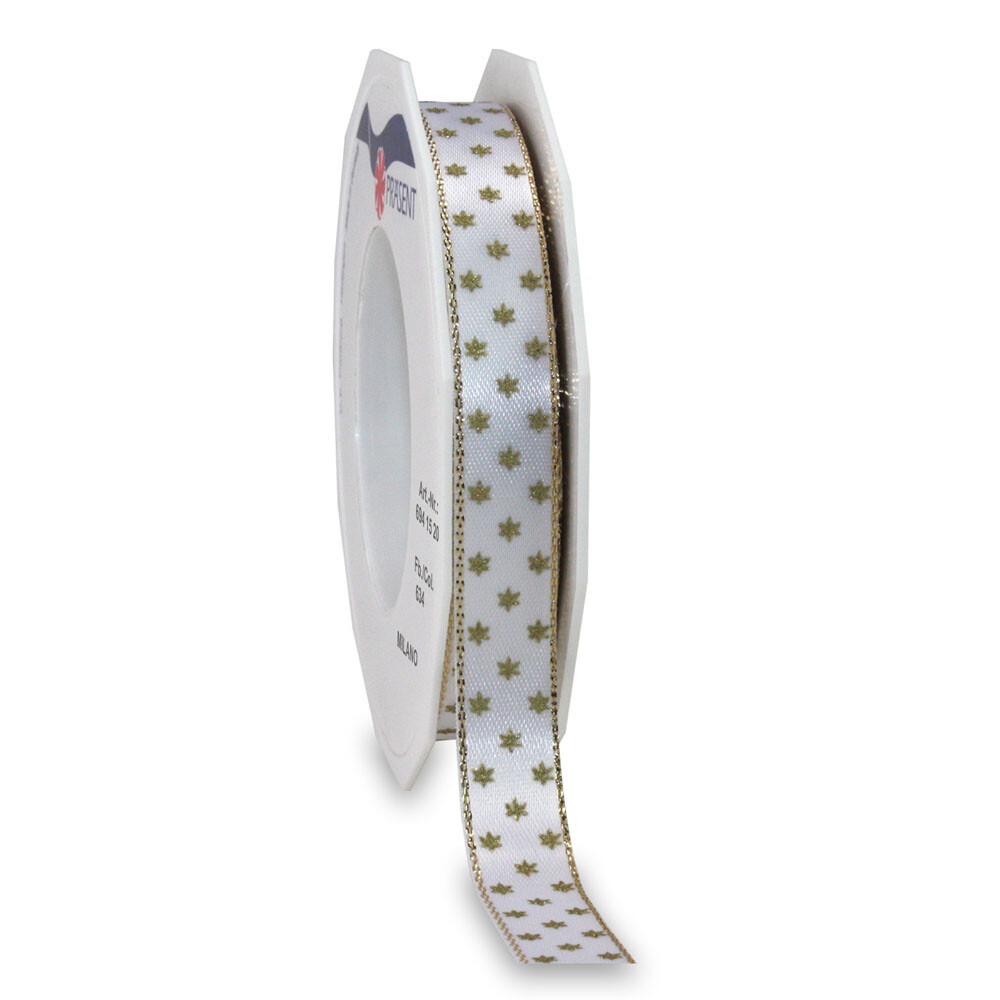Satinband weiß mit Webkante und Sterne gold Satinband weiß mit Webkante und Sterne gold