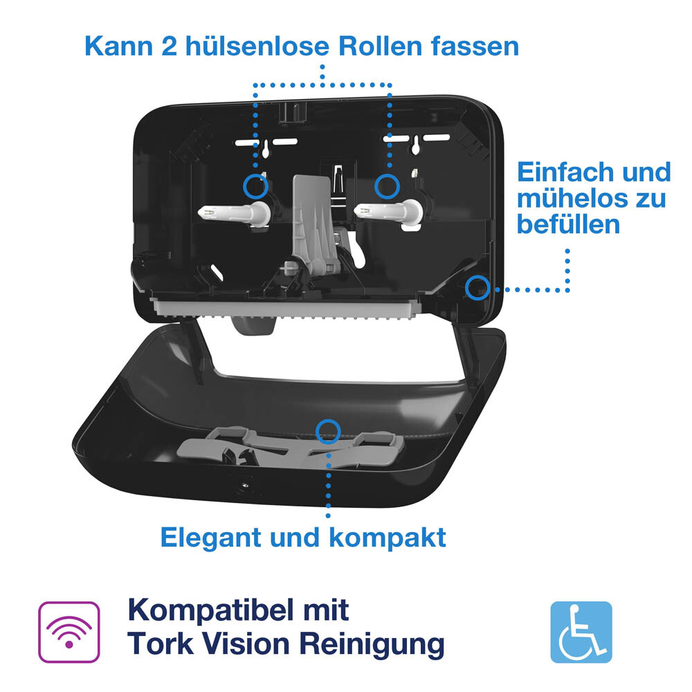 Tork T7 OptiServe Doppelrollenspender horizontal schwarz Tork T7 OptiServe Doppelrollenspender horizontal schwarz