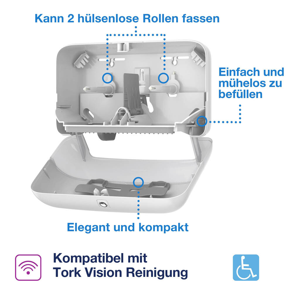 Tork T7 OptiServe Doppelrollenspender horizontal weiß Tork T7 OptiServe Doppelrollenspender horizontal weiß