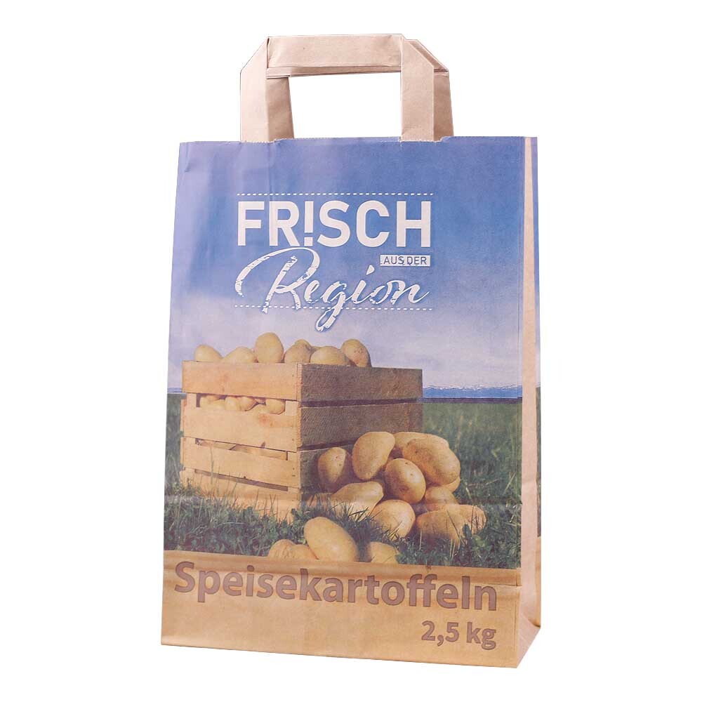 Tragetasche aus Papier braun mit Papierhenkel Speisekartoffeln 2500 g Tragetasche aus Papier braun mit Papierhenkel Speisekartoffeln 2500 g