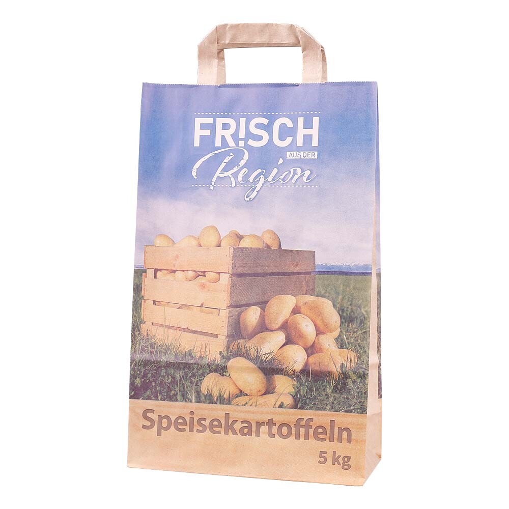Tragetasche aus Papier mit Papierhenkel Speisekartoffeln 5 kg Tragetasche aus Papier mit Papierhenkel Speisekartoffeln 5 kg