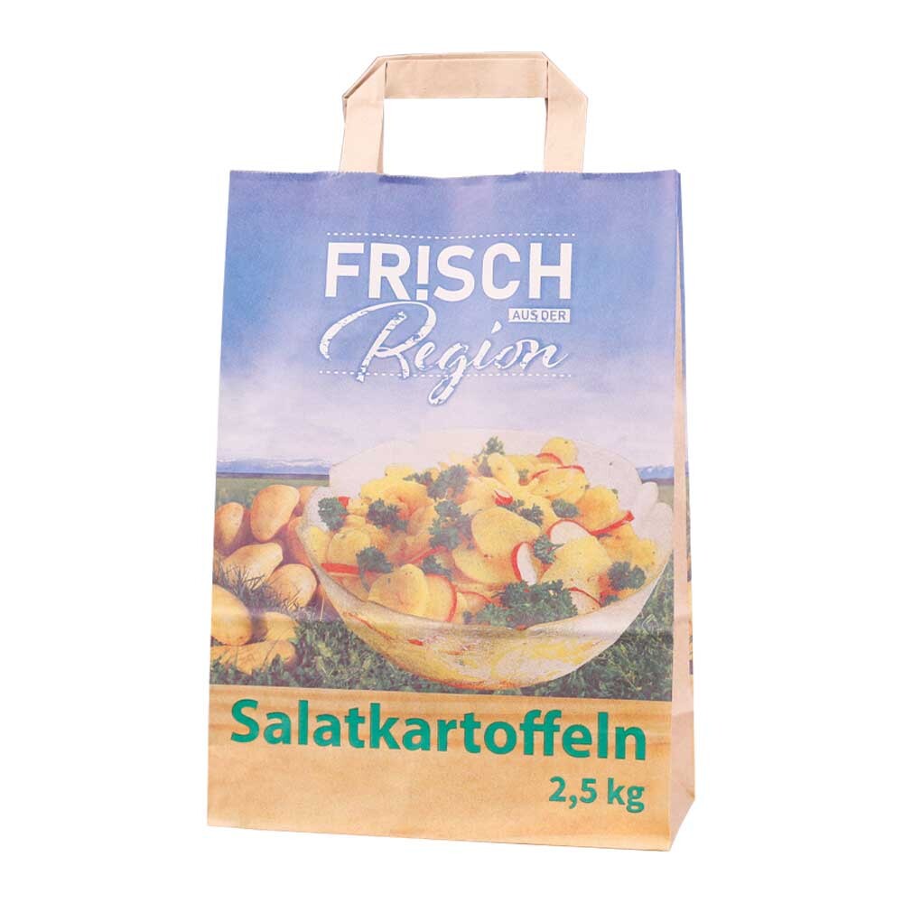Tragetasche braun mit Papierhenkel Salatkartoffeln Tragetasche braun mit Papierhenkel Salatkartoffeln